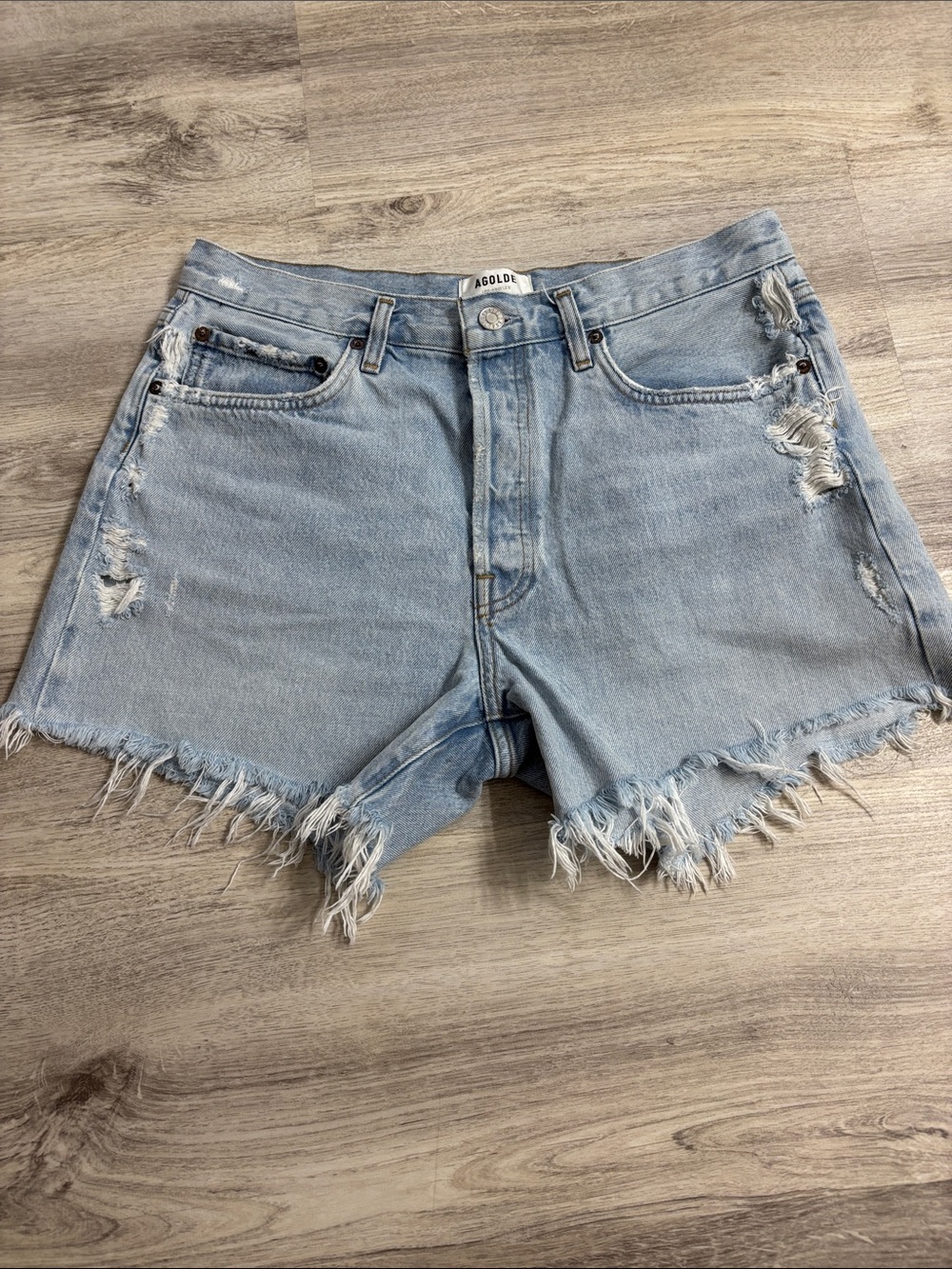 Agolde Light Wash High-Rise Frayed Denim Shorts